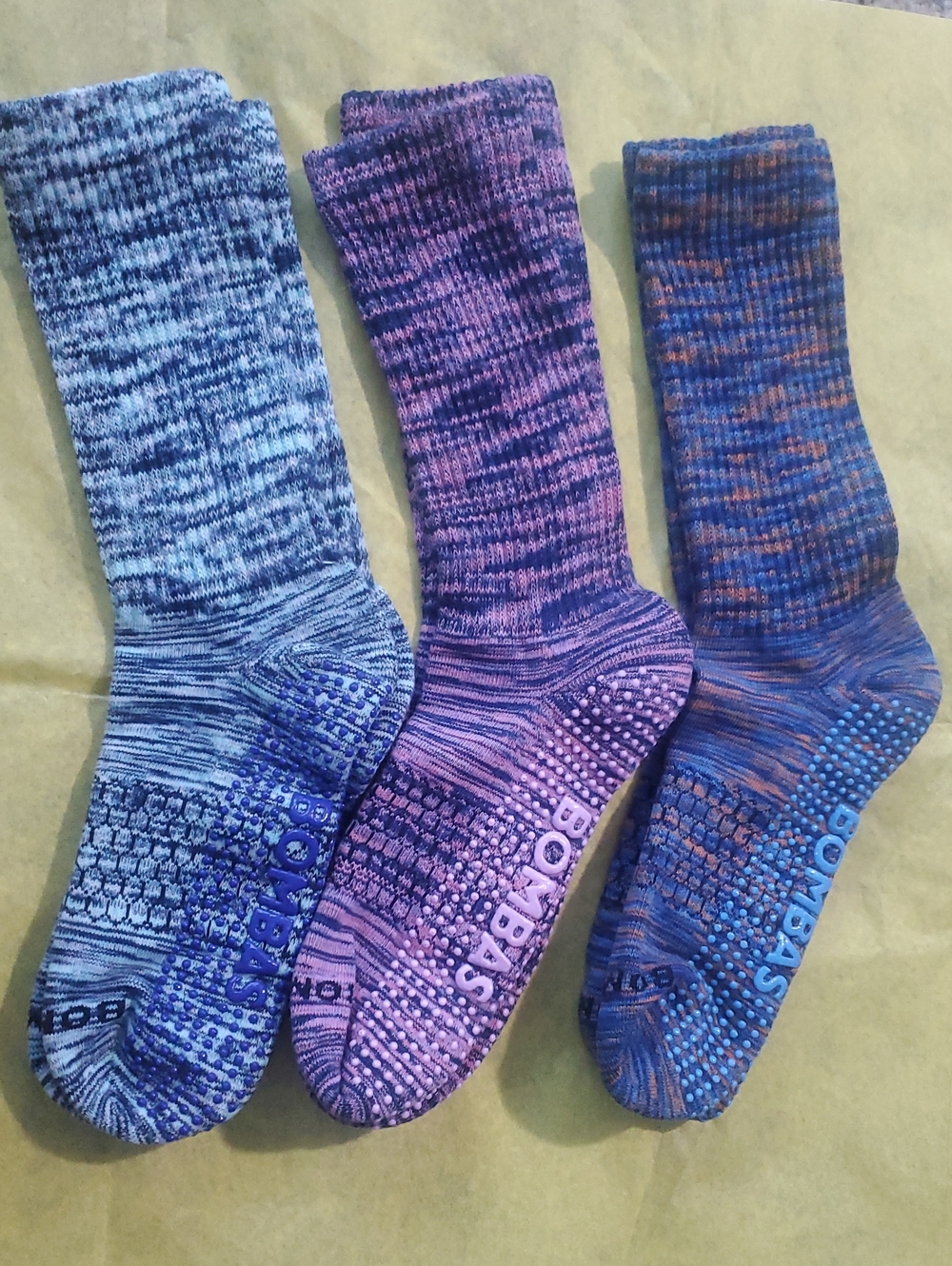 Bombas Marbled Space Dye Non-Slip Gripper Crew Socks in Blue, Lt. Blue, & Purple